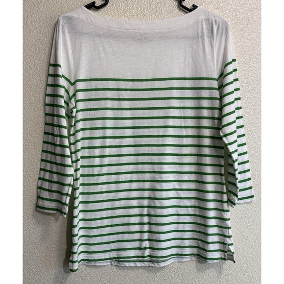 Loft Women’s Size M Casual White Green Striped Boat Neck Shirt Floral Pocket - Picture 2 of 9